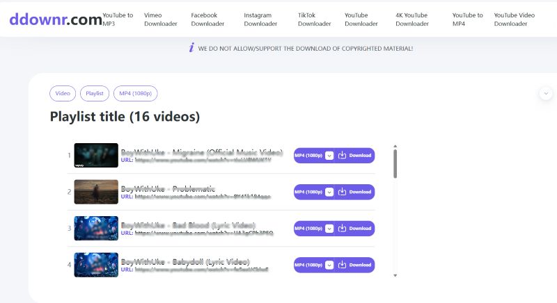 Ddownr online youtube playlist downloader interface