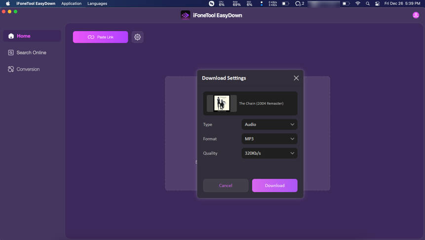 choose YouTube music output format in EasyDown Music Downloader
