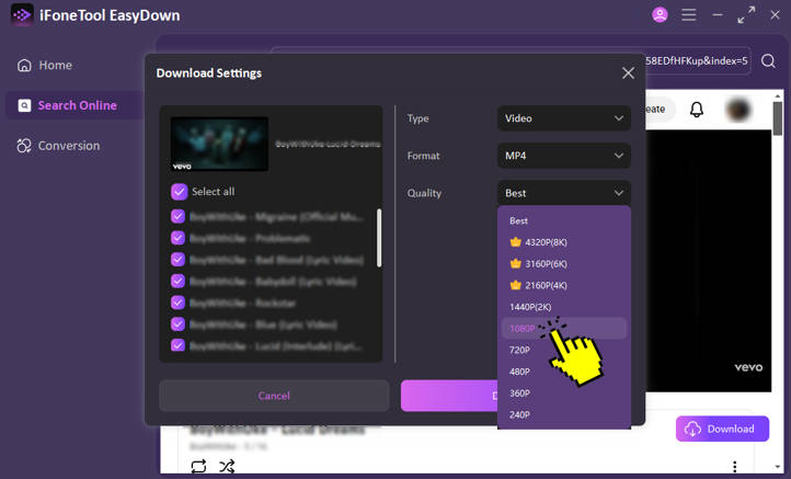 Select 1080p quality to download youtube to mp4 1080p