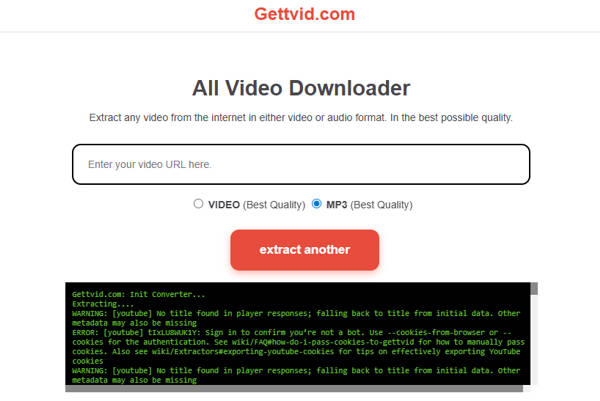 Gettvid website interface showing a simple URL search bar for extracting YouTube audio and video