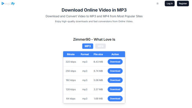 mp3ify interface displaying available bitrates and file sizes for a converted YouTube audio track