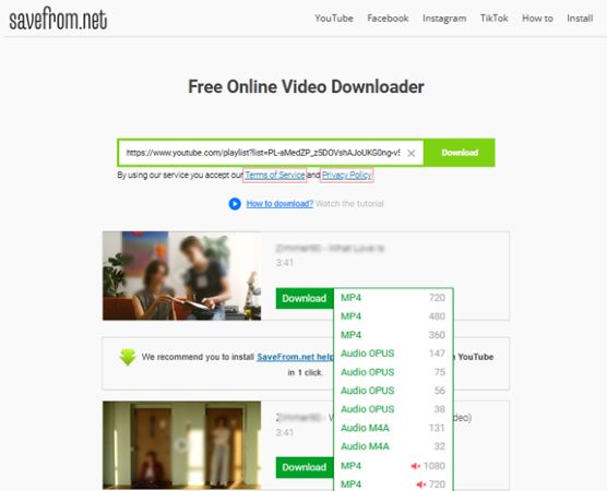 SaveFrom.net youtube playlist download page