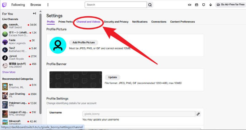 open twitch channel and videos tab
