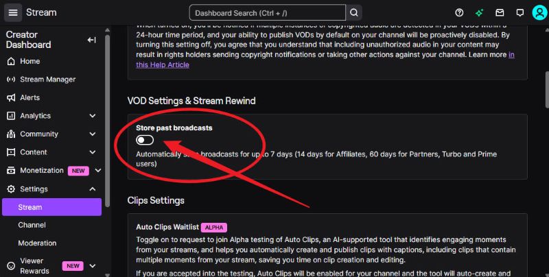 turn on twitch store past broadcasts