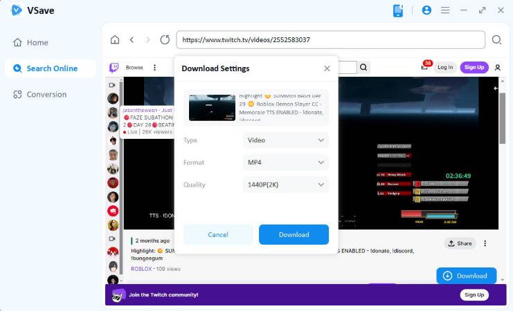copy twitch video url and paste in vsave to search online