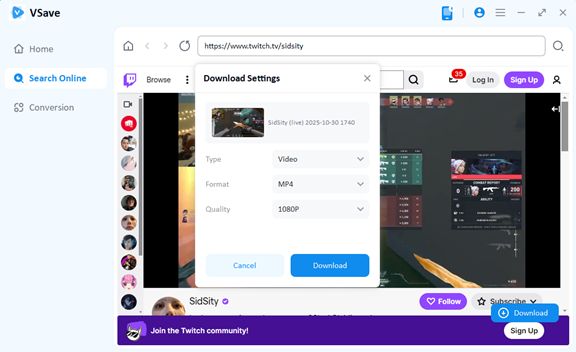 Vsave download settings with Twitch video format and quality options.
