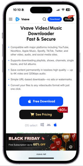 Vsave mobile app to download youtube to mp4 1080p on iPhone