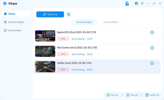 Vsave download list showing saved Twitch streams.