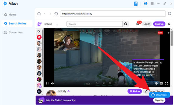 Vsave interface showing Twitch stream download button.