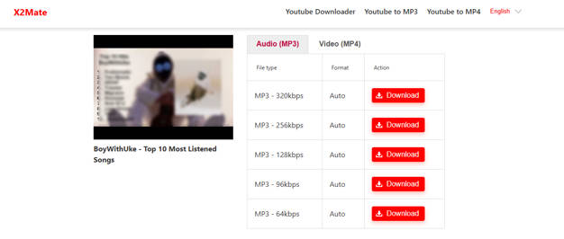 X2mate website showing various MP3 bitrate download buttons for a YouTube video
