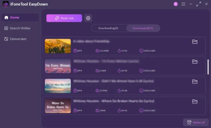 EasyDown's completed downloads